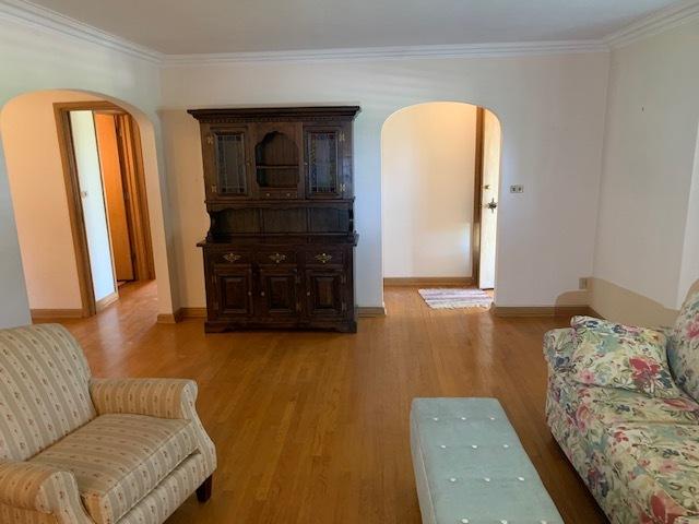 living room with light hardwood / wood-style floors and crown molding