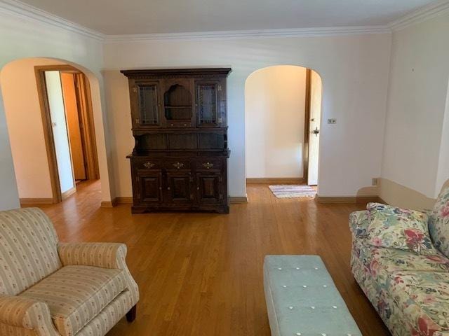 living room featuring crown molding and light wood-type flooring