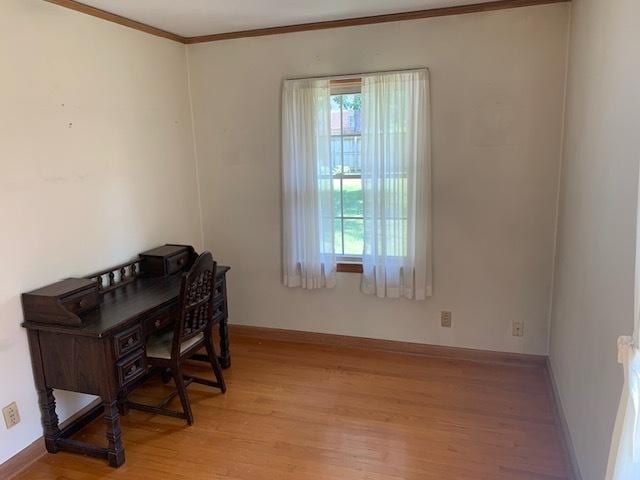 office space featuring ornamental molding and light wood-type flooring