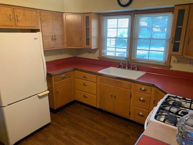 kitchen with dark hardwood / wood-style flooring, sink, and white appliances