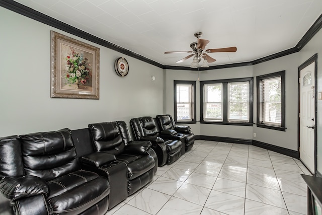 tiled living room with crown molding and ceiling fan