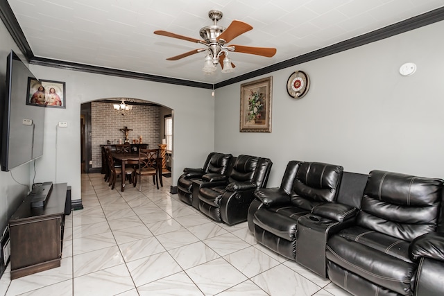 living room with brick wall, light tile patterned flooring, ceiling fan, and ornamental molding