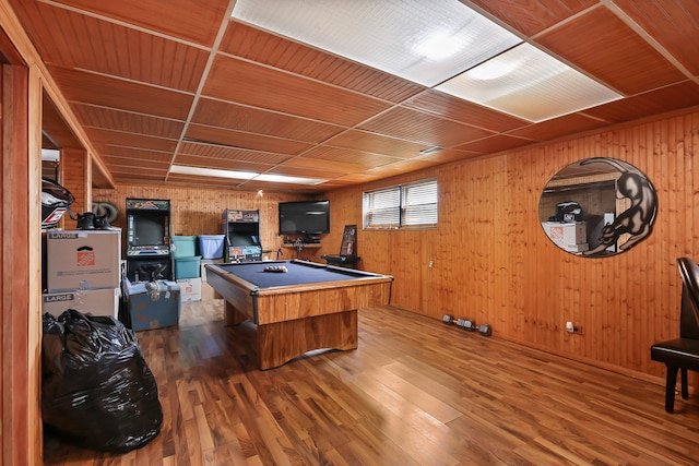 recreation room with wood ceiling, hardwood / wood-style flooring, pool table, and wooden walls