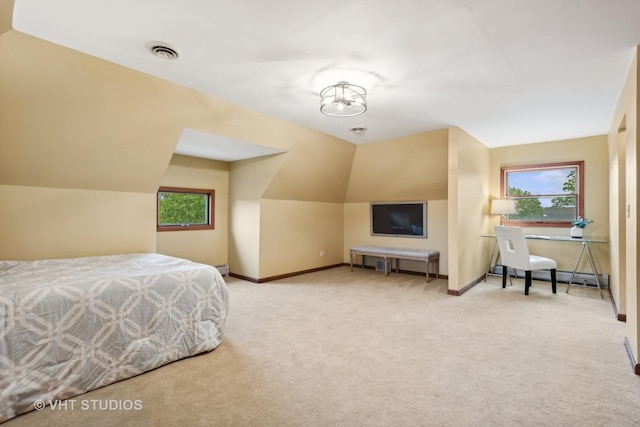 bedroom featuring visible vents, lofted ceiling, baseboards, and carpet floors