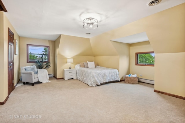 bedroom with visible vents, multiple windows, baseboards, and carpet flooring