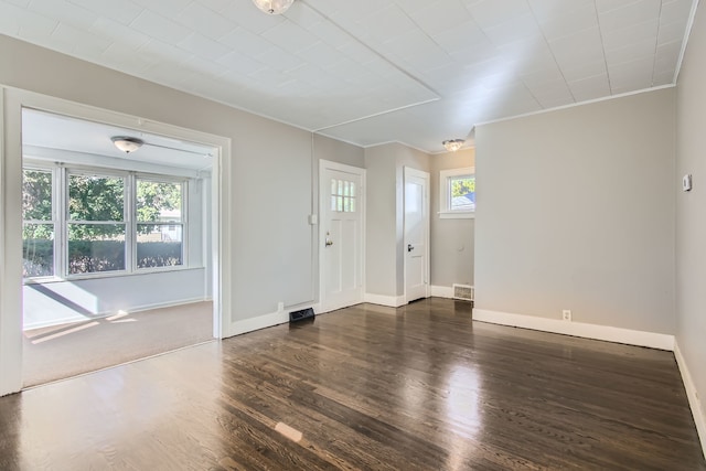 foyer featuring ornamental molding, a healthy amount of sunlight, and dark hardwood / wood-style flooring