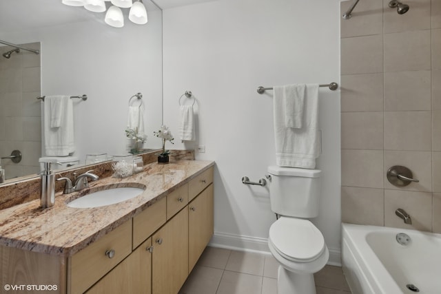 full bathroom with tiled shower / bath combo, vanity, tile patterned floors, and toilet