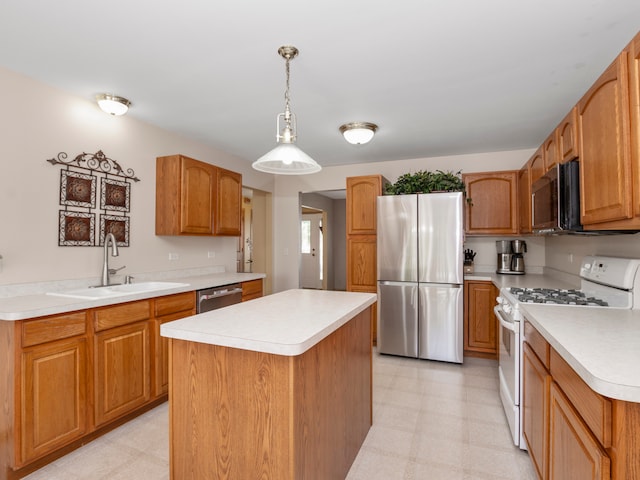 kitchen featuring stainless steel appliances, light tile patterned floors, hanging light fixtures, a kitchen island, and sink