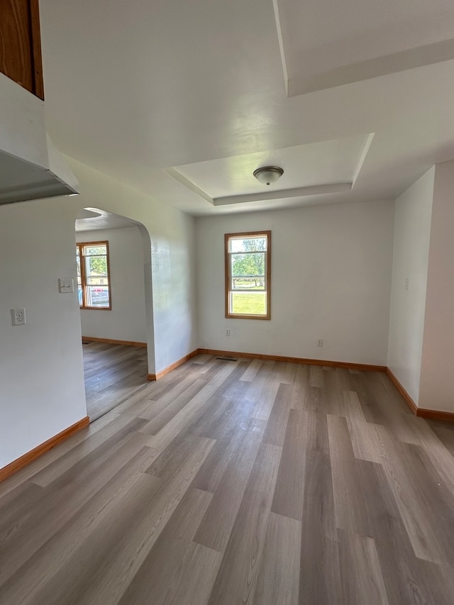 empty room featuring a tray ceiling and wood-type flooring