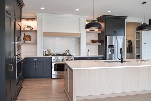 kitchen featuring pendant lighting, high quality appliances, a sink, and open shelves