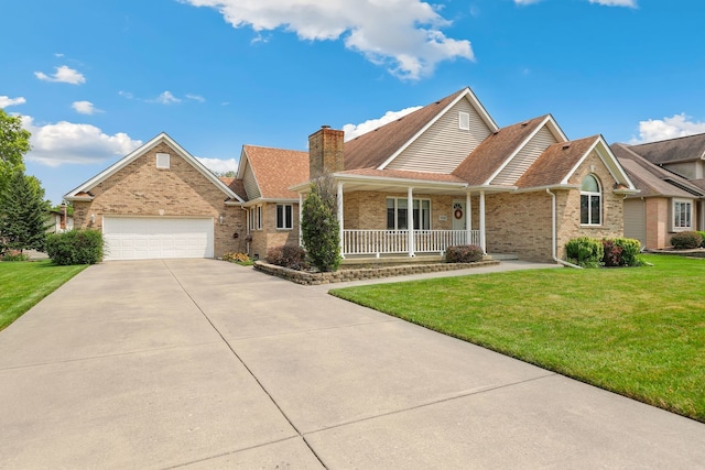 view of front facade featuring a garage, covered porch, and a front lawn