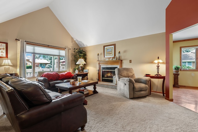 living room with high vaulted ceiling, wood-type flooring, and a wealth of natural light