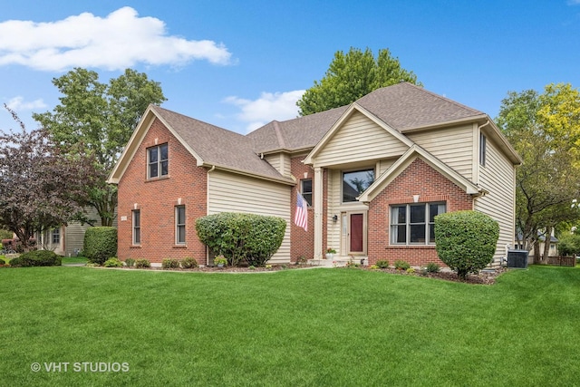 front of property featuring central AC unit and a front yard