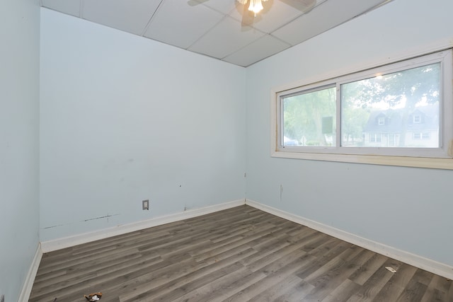 empty room with a drop ceiling, ceiling fan, and hardwood / wood-style floors