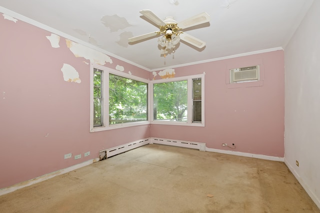 carpeted empty room with a wall mounted air conditioner, crown molding, ceiling fan, and a baseboard heating unit