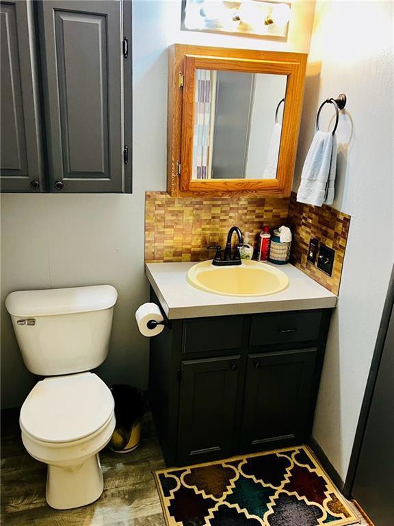 bathroom featuring tasteful backsplash, vanity, and toilet