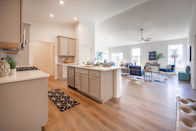 kitchen with a healthy amount of sunlight, sink, appliances with stainless steel finishes, and light wood-type flooring