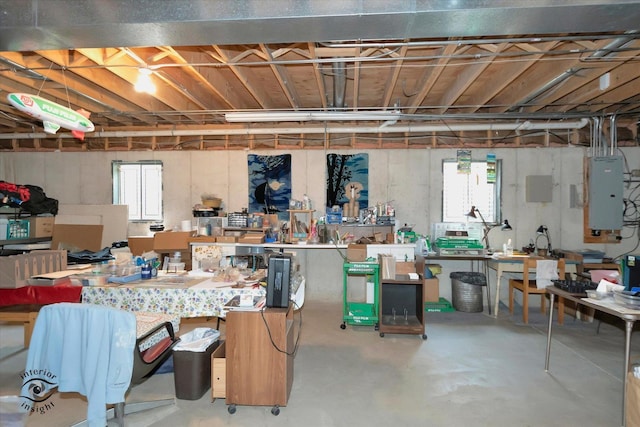 below grade area featuring a workshop area and electric panel