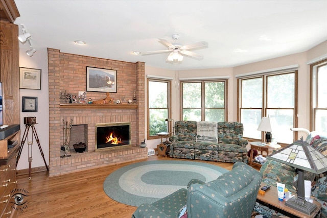 living area featuring baseboards, a ceiling fan, wood finished floors, a fireplace, and track lighting