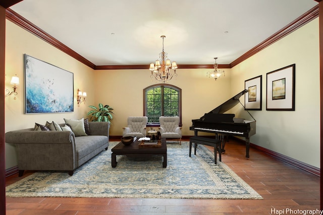 living room featuring crown molding, hardwood / wood-style floors, and a chandelier