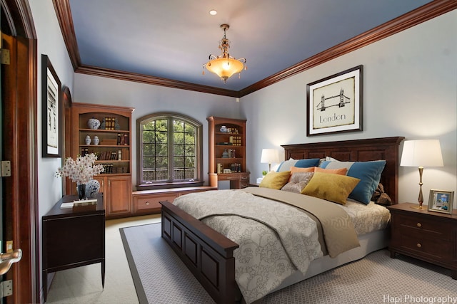 bedroom featuring light colored carpet and ornamental molding