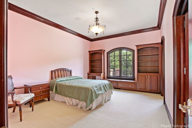 carpeted bedroom featuring crown molding