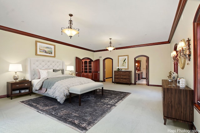 bedroom featuring ornamental molding, light colored carpet, and ceiling fan