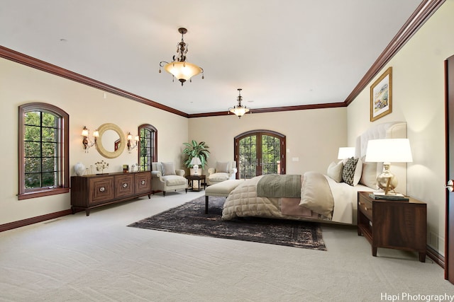 bedroom with ornamental molding and light colored carpet