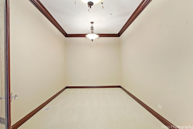 spare room featuring crown molding and carpet