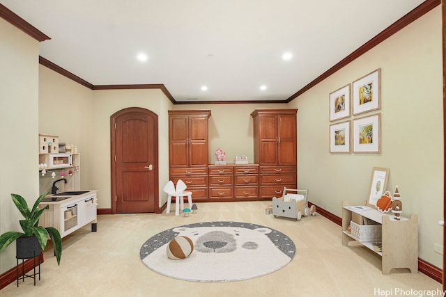 playroom featuring light carpet and ornamental molding