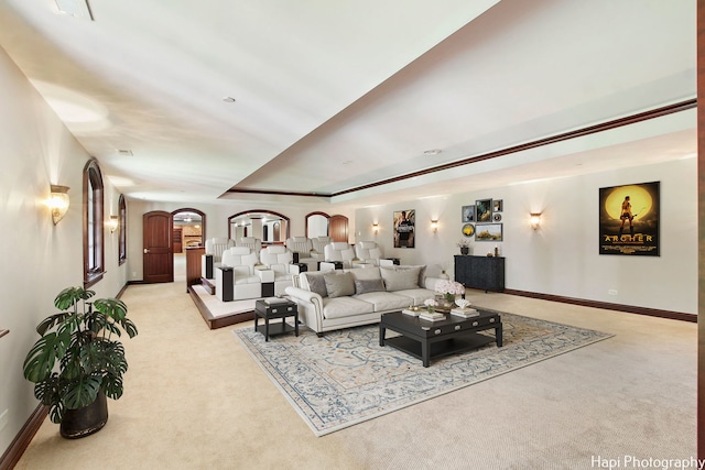 carpeted living room with a raised ceiling