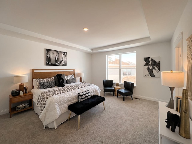 bedroom featuring carpet floors and a raised ceiling