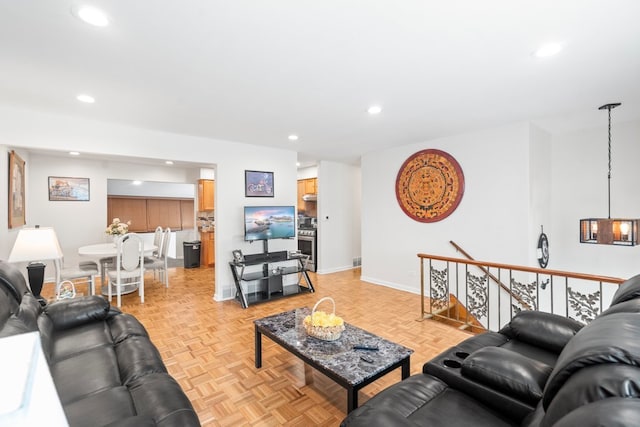 living room featuring light parquet floors