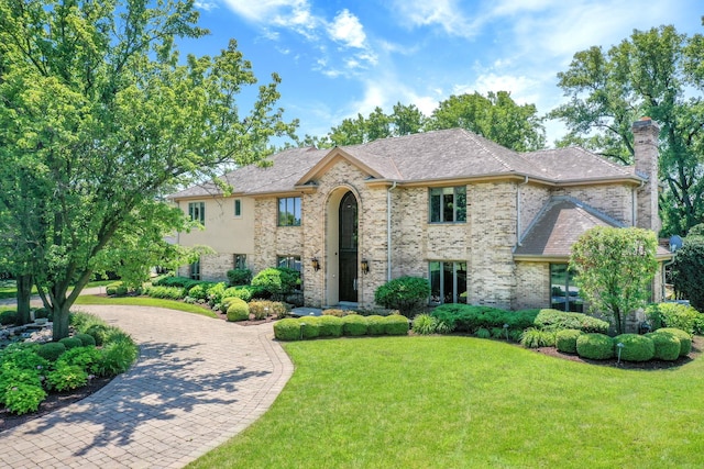 view of front facade with brick siding, a chimney, decorative driveway, and a front yard