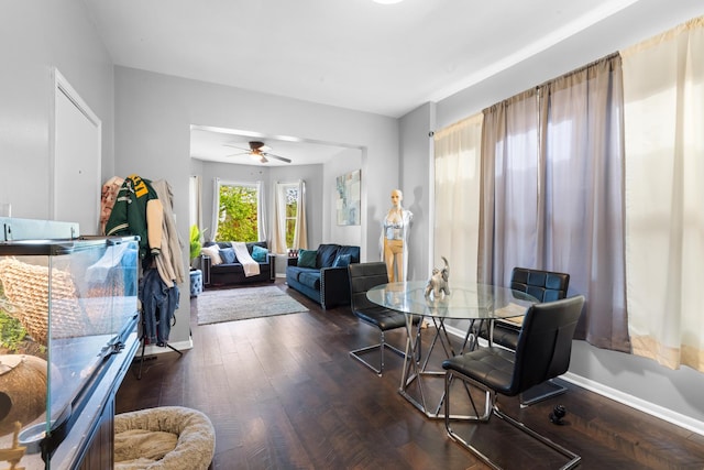 dining space featuring ceiling fan and dark wood-type flooring