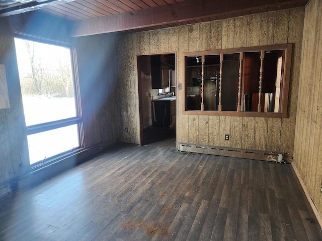 empty room featuring baseboard heating, wooden walls, beam ceiling, and wooden ceiling