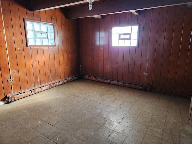 basement featuring wooden walls