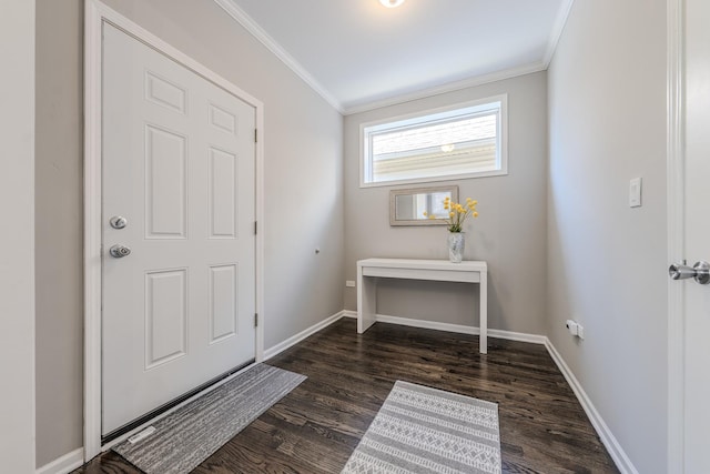 foyer with ornamental molding and dark wood-type flooring