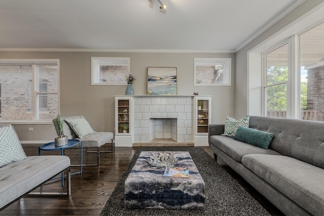 living room with a tiled fireplace, ornamental molding, and dark hardwood / wood-style floors