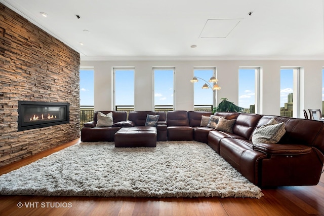 1250 S Michigan Ave Unit 2900, Chicago, IL 60605 - living area featuring a fireplace, ornamental molding, and wood finished floors