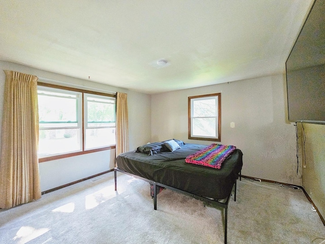 bedroom with light carpet