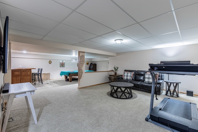 workout area featuring bar, a drop ceiling, carpet floors, and billiards