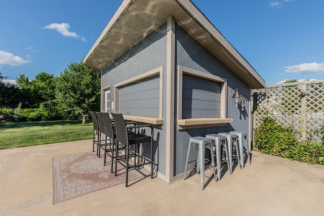 garage with a lawn