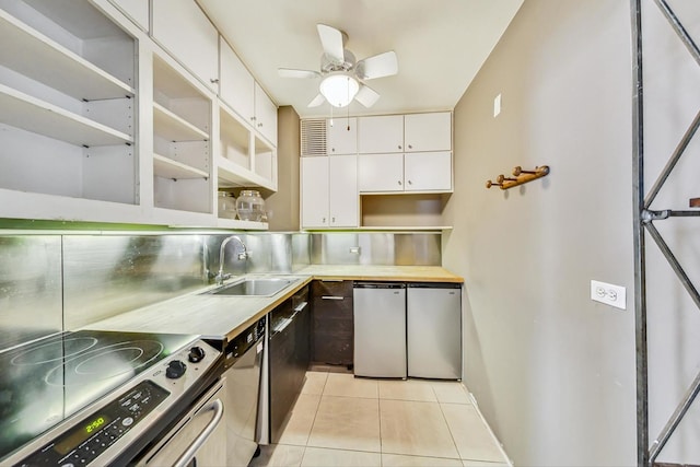 kitchen featuring sink, ceiling fan, stainless steel appliances, white cabinets, and light tile patterned flooring