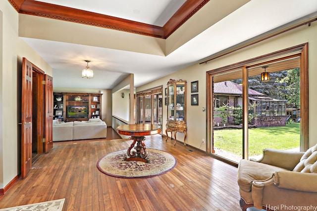 interior space with hardwood / wood-style floors and a chandelier