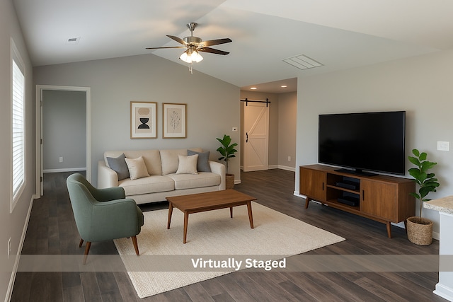 1109 S 2nd St, Oregon, IL 61061 - living area featuring a barn door, lofted ceiling, ceiling fan, and dark wood-type flooring