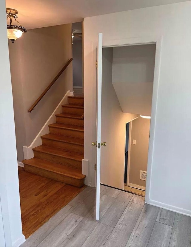 staircase with hardwood / wood-style flooring