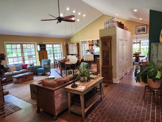1726 Georgetown Dr, Champaign, IL 61821 - living area featuring a ceiling fan, high vaulted ceiling, recessed lighting, and wood finished floors