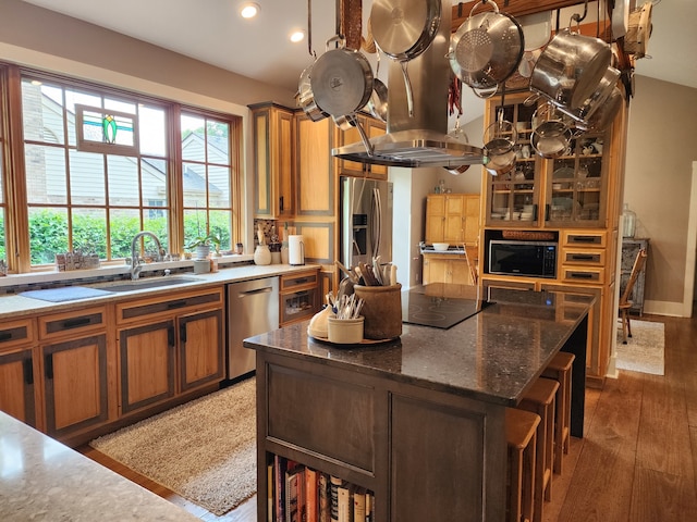 kitchen with island exhaust hood, a kitchen island, appliances with stainless steel finishes, dark wood-type flooring, and sink