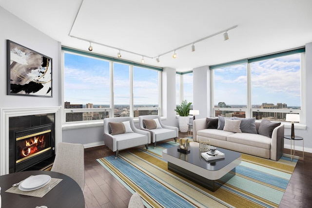 sunroom with a glass covered fireplace, plenty of natural light, and a view of city